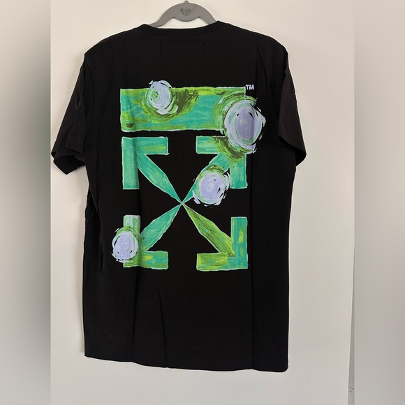 Off-White Black Tee with Green and Purple Design - Picture 1 of 7